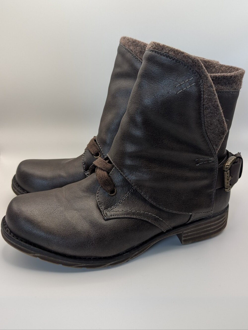 Vintage Distressed Look Women's Brown Fold-Over Ankle Boots with Buckle Accent